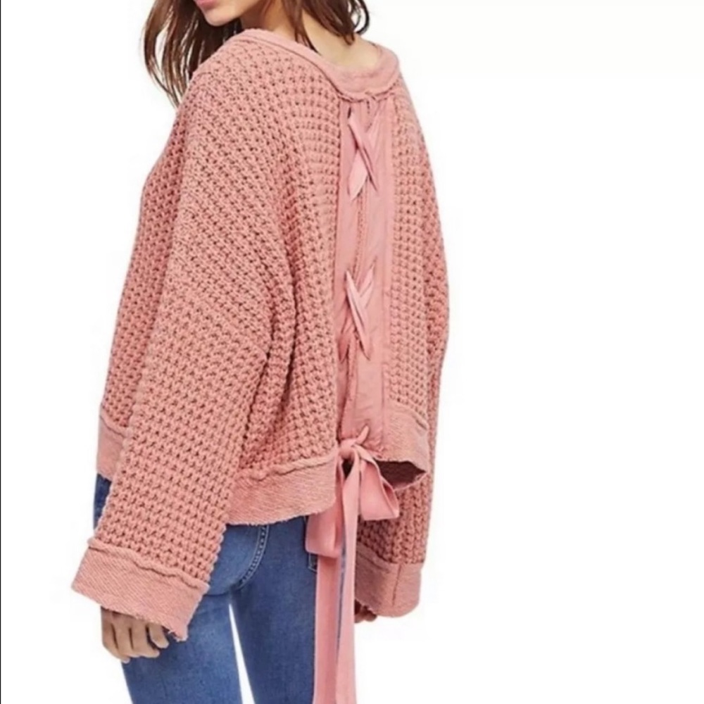 Free People | Maybe Baby Mauve Waffle Knit Bell Sleeve Lace Up Sweater